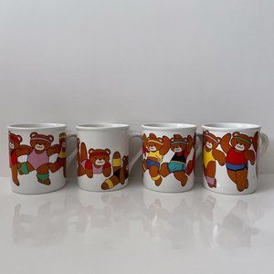 Vintage Adorable Ychina Ceramic Coffee Mugs 9oz Olympic Bears Print Set 4